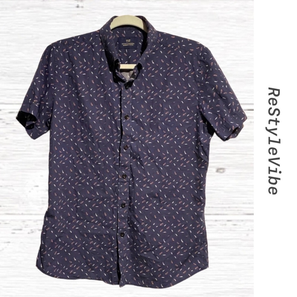 SCOTCH & SODA Boys Size L Large Button Down Shirt Short Sleeve Feather Pattern